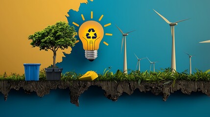 Ecological Concept of Renewable Energy with Light Bulb, Recycling Symbol, Trees, and Wind Turbines on Colorful Background