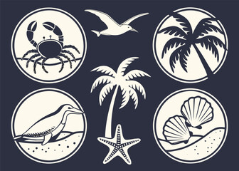Obraz premium Flat Silhouette Icons of Ocean Wildlife, Tropical Island with Palm Trees, Starfish, Crab, Dolphin, and Seashells on a Beach Background