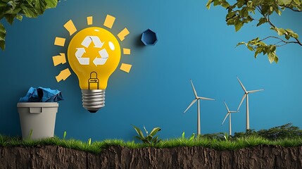 Creative depiction of sustainability with light bulb, recycling symbol, wind turbines, and green elements against a blue backdrop