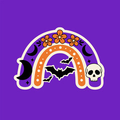Boho Gothic Halloween Rainbow with Skulls, Bats, and Crescent Moons in Cute Pastel Vector Style on Purple Background