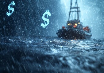 Dollar Symbols Over Stormy Sea with Fishing Boat in Rainy Weather Highlighting Economic Aspects of Maritime Industry