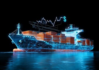 Futuristic Cargo Ship Concept with Data Visualization and Financial Graphs, Symbolizing Global Trade and Economy