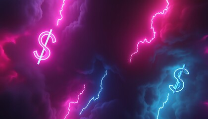 Neon Lightning with Dollar Signs in a Stormy Sky Background for Financial and Business Themes