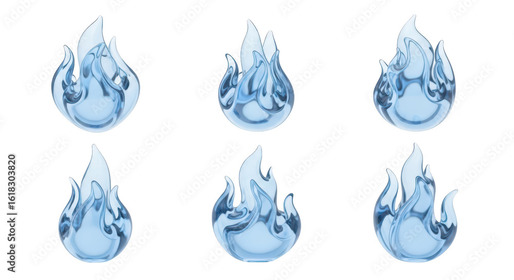 Poster six transparent blue flame icons are shown on a white backdrop digitally rendered for use in design 