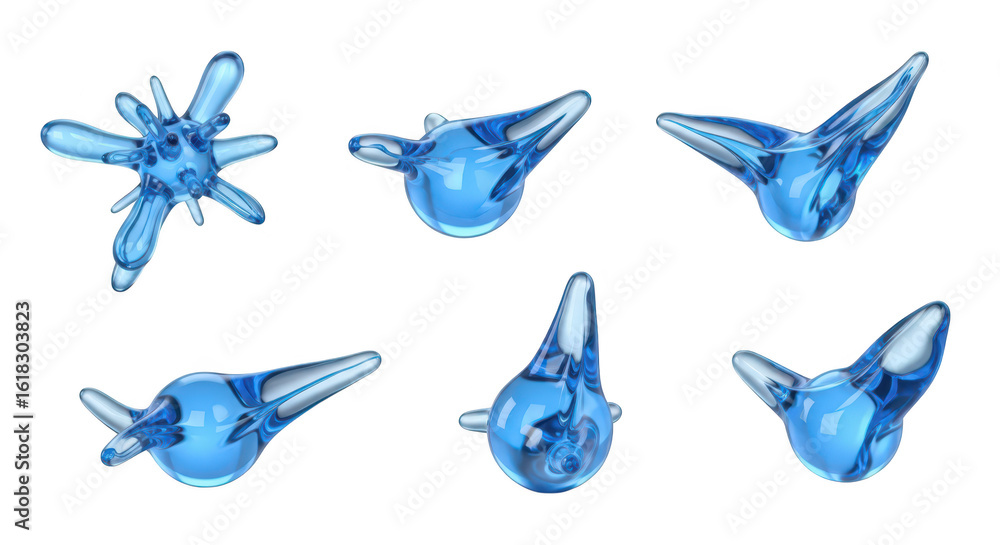 Poster 3d rendering of abstract blue water splash formations various angles isolated on white suitable for 