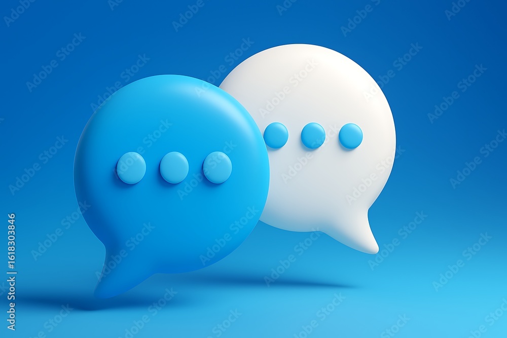 Poster two 3d speech bubbles in blue and white with dots representing conversation