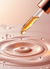 Golden serum droplet creates ripples in pink liquid