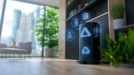 Smart waste management system featuring recycling icons in modern living space with greenery and city view outside