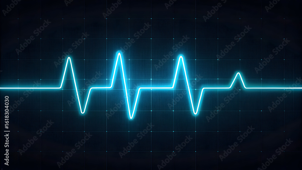 Poster cyan glowing electrocardiogram heartbeat line on a dark grid background pulse technology new latest 