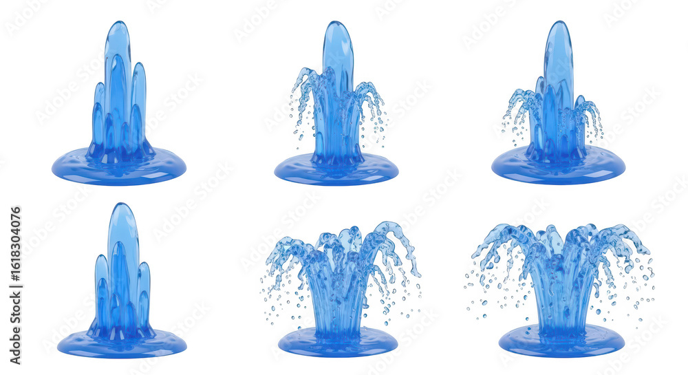 Poster blue water fountains erupting upwards against a white background showing different water flow patter