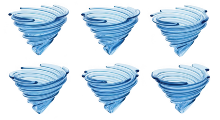 Six swirling transparent water tornados isolated on a white background ideal for weather forecasts and climate change visuals