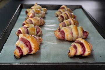 Croissants with raspberry jam. Dessert. Food concept