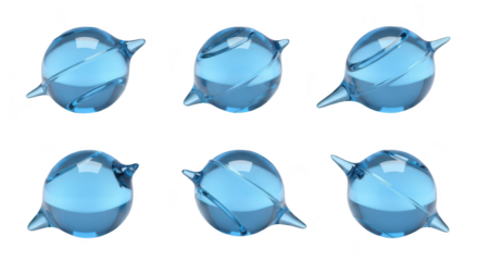 Six translucent blue bird-shaped objects rotating on a white background ideal for abstract design or product visualization