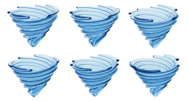 Six swirling transparent water tornados isolated on a white background ideal for weather forecasts and climate change visuals