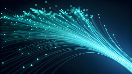 Bundle of glowing cyan fiber optic strands against a dark background technology communication new latest web ai background futuristic hud cyber security neural network data tech download ai background
