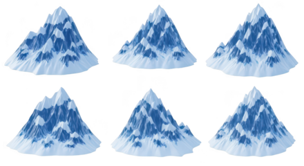 Six stylized snow-covered mountain illustrations isolated on white background ideal for graphic design or thematic projects