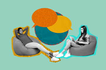 Creative pop poster sketch art collage of two happy girls sit beanbag hold laptop bubble...