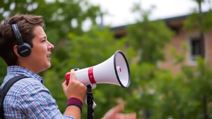 Young Man Making Announcement with Megaphone Promoting or Communicating Outdoors