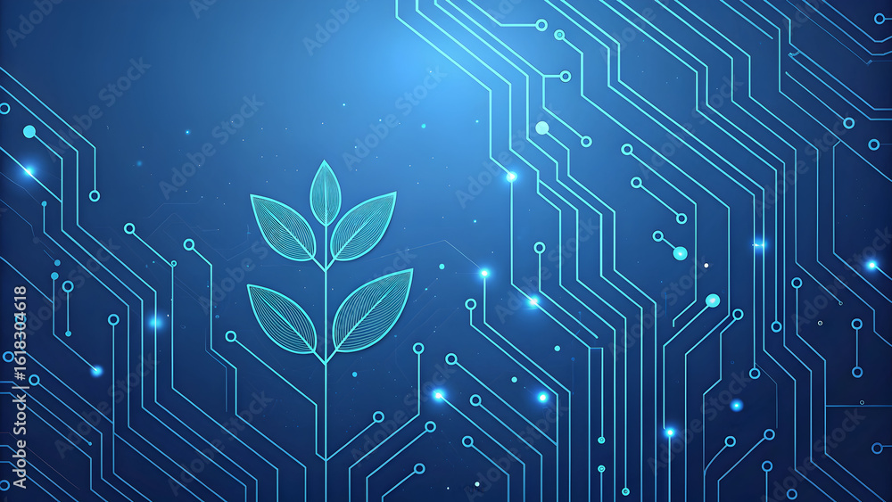 Poster digital circuit board with growing green plant and glowing blue lights technology background new lat