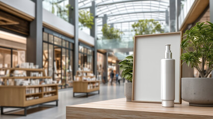 A sleek cosmetic bottle sits elegantly on a wooden table, surrounded by lush greenery and a modern shopping mall atmosphere.