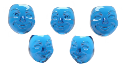 Five blue glass smiling faces float in an array on a white surface representing expressions for psychological or emotional concepts