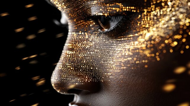 Digital human face dissolving into numbers and code with ethereal glow in a tech-inspired background. Data scientist - Powered by Adobe