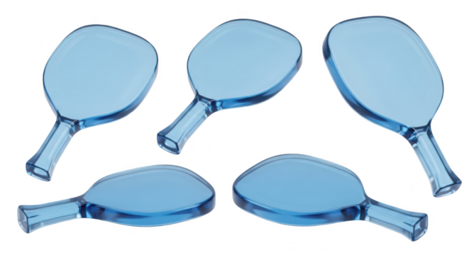 Five translucent blue ping pong paddles arranged mid-air on a white background showing their design for use in table tennis