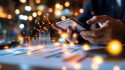 Glowing data stream rising from smartphone in a professional's hand with charts and algorithms in modern office setting. Data scientist