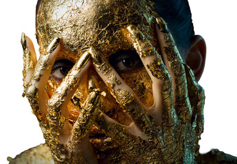 Girl with a mask on her face made of gold leaf. Gloomy studio portrait of a brunette on an abstract...