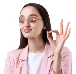 Portrait of beautiful young woman in pink jacket thinking isolated on red background. Shows an OK...