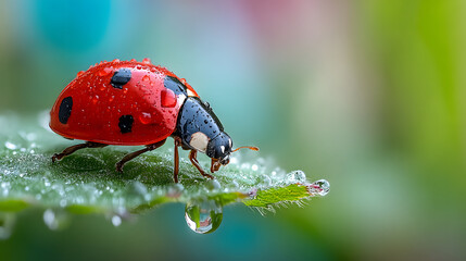 Obraz premium Vibrant ladybug with red and black spots is perched on dewy green leaf, surrounded by morning dew droplets, creating fresh and lively scene