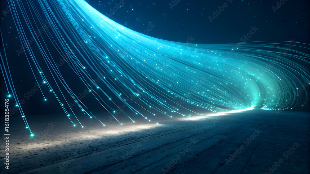 Poster flowing blue fiber optic strands with glowing light particles technology data background new latest 