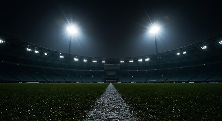 A low-angle view of an empty sports stadium at night, with bright floodlights illuminating the green grass field and white line.
