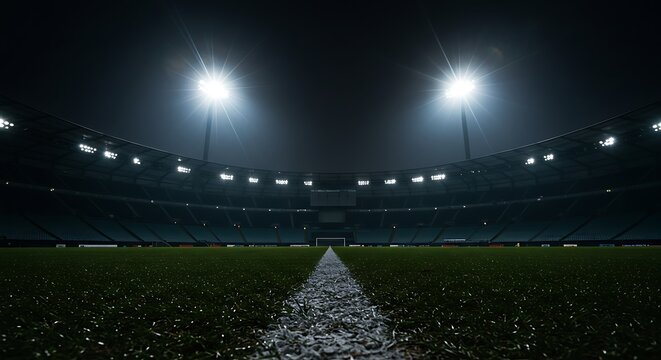 A low-angle view of an empty sports stadium at night, with bright floodlights illuminating the green grass field and white line.