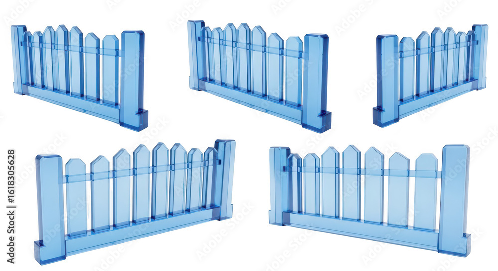 Poster five views of a translucent blue picket fence with a white background illustrating a property bounda