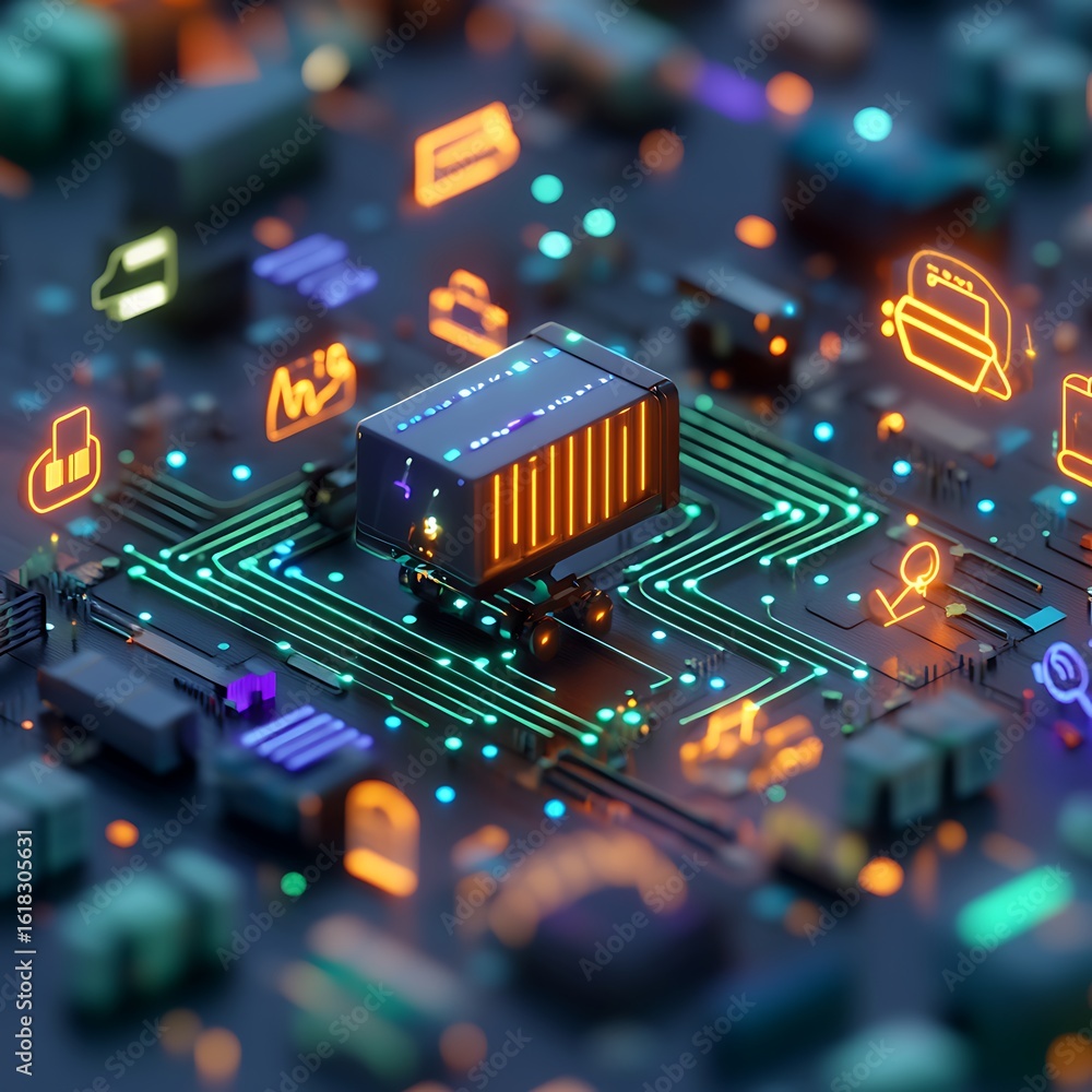 Aufkleber futuristic circuit board with digital data transmission and colorful lights in high-tech environment
