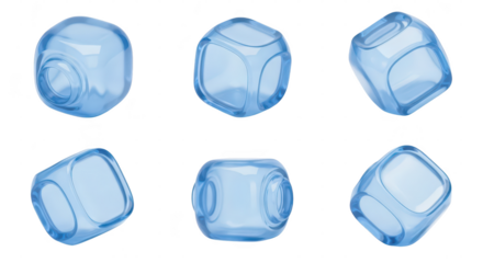 Transparent geometric blue cubes in various rotations set on a white backdrop suitable for graphic design or abstract illustrations