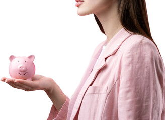 A cute girl in a pink jacket is holding a 3d piggy bank in her hands. Beautiful close-up portrait...