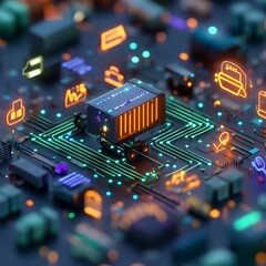 Futuristic Circuit Board with Digital Data Transmission and Colorful Lights in High-Tech Environment