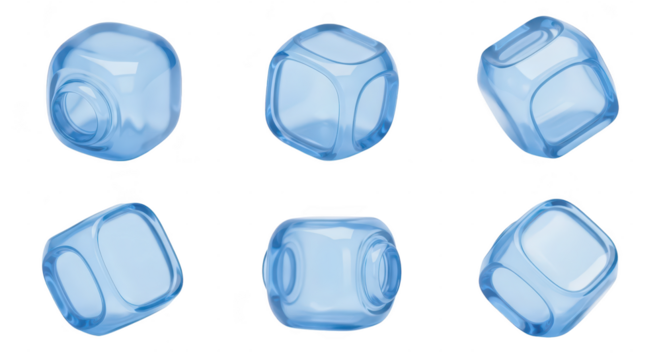 Transparent geometric blue cubes in various rotations set on a white backdrop suitable for graphic design or abstract illustrations