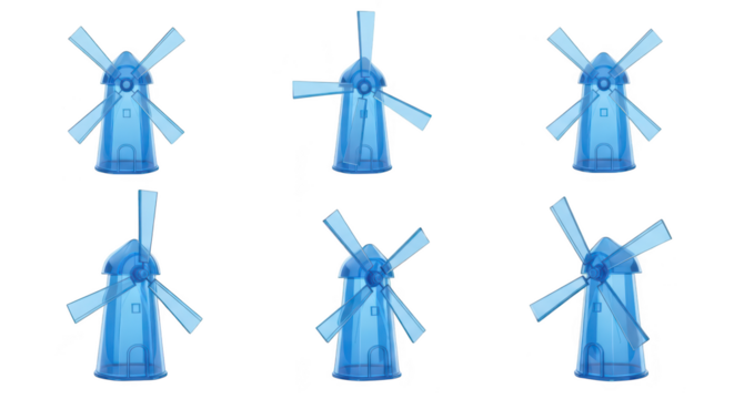 Blue transparent toy windmills rotating on a white background used for illustrating concepts of energy or sustainability