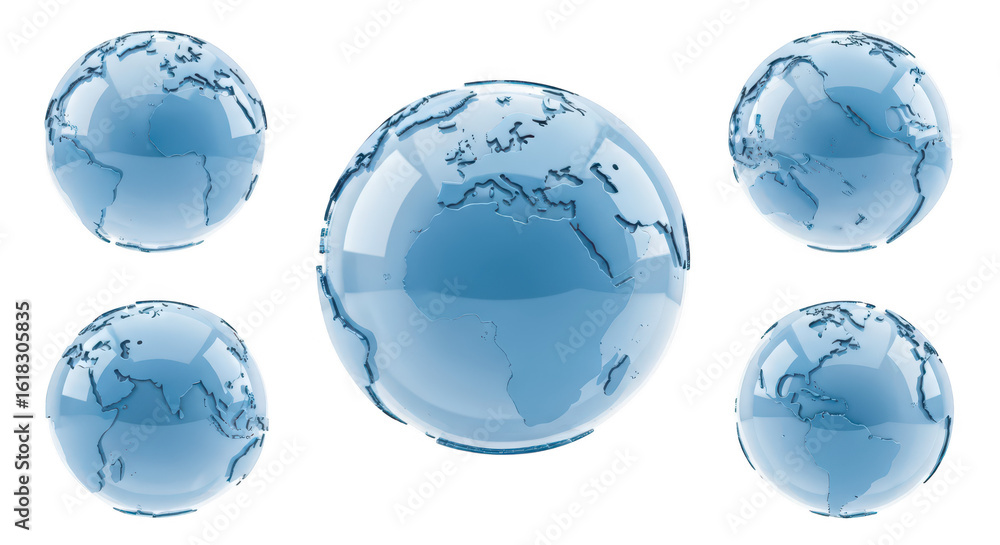 Poster five transparent blue globes floating various angles against a clean white background ideal for glob