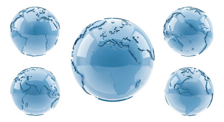 Five transparent blue globes floating various angles against a clean white background ideal for global concepts