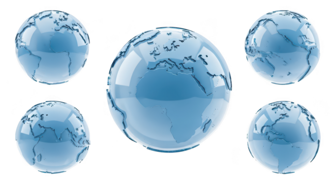 Five transparent blue globes floating various angles against a clean white background ideal for global concepts