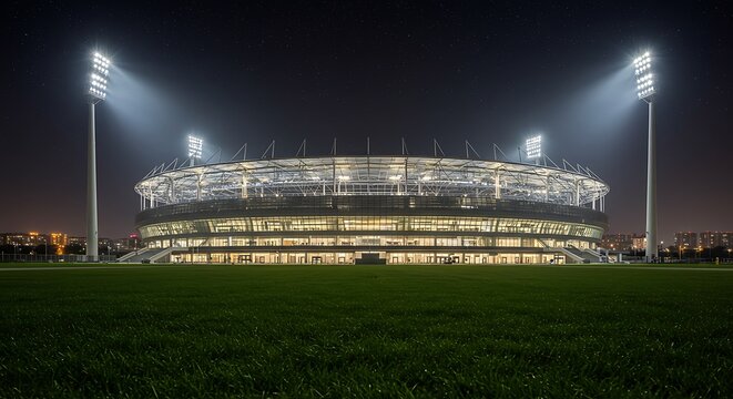 Illuminated cricket stadium at night, showcasing modern architecture and stadium lighting.
