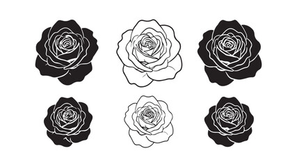 Rose flower collection in black and white outline style