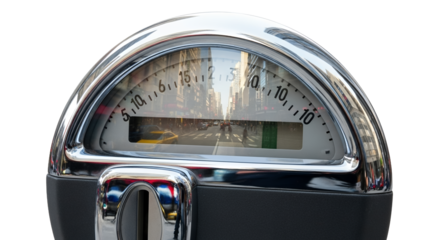 Closeup of a Parking Meter Display Showing City Street Reflection