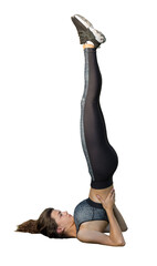 A young slim athletic girl in sportswear with snakeskin prints performs a set of exercises. Fitness...
