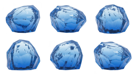 Six clear blue ice crystals arranged in various orientations on a white background for illustrations or design elements