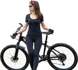 Girl on a mountain bike on offroad, beautiful portrait of a cyclist in rainy weather, Fitness girl rides a modern carbon fiber mountain bike in sportswear. Close-up portrait of a girl in red bandana.